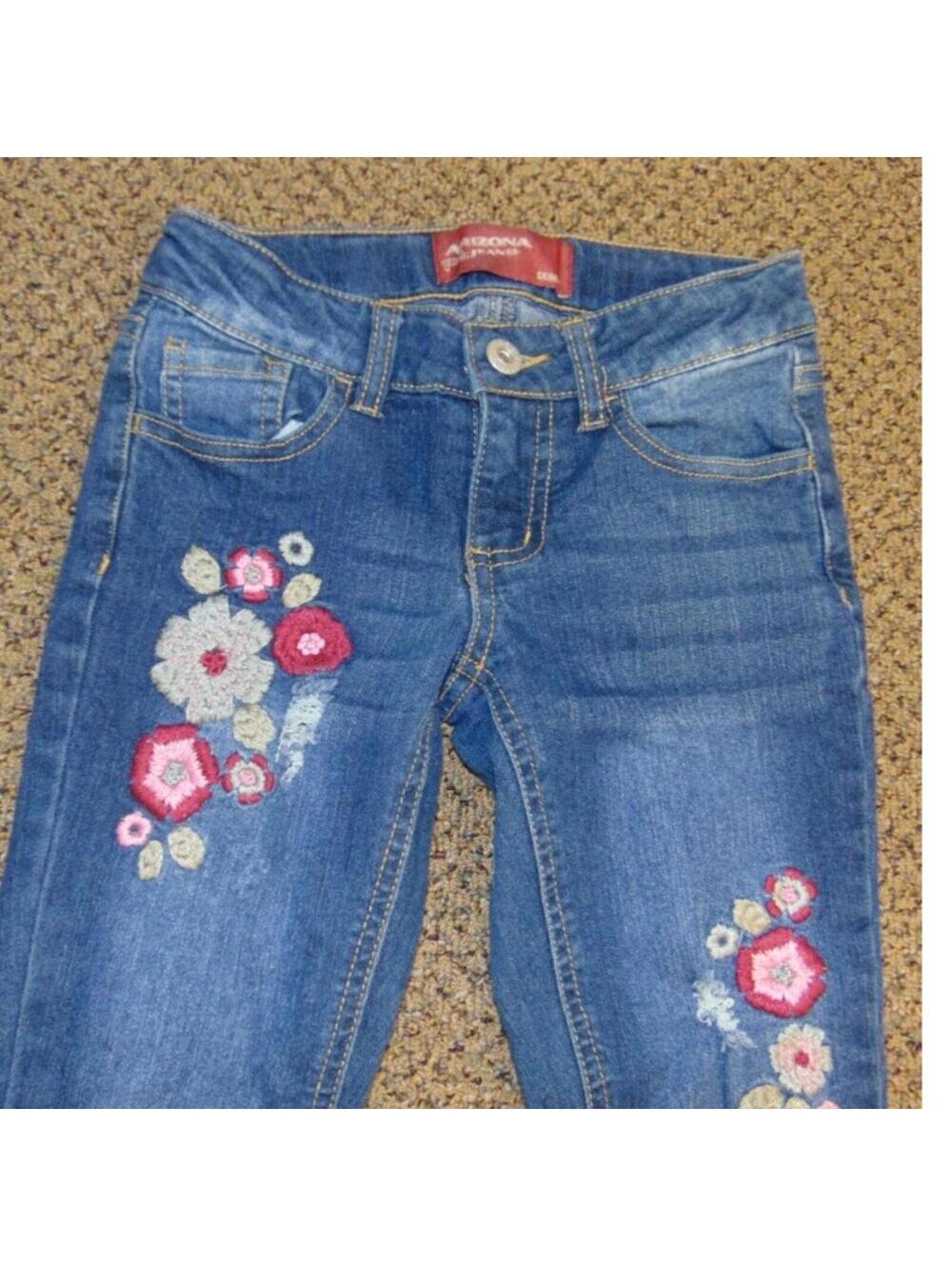 Arizona Jeans 7 Girls Blue Adjustable Waist Embroidered Skinny - Picture 2 of 5